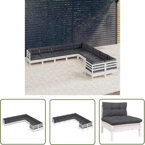 The Living Store Salon de jardin 10 pcs avec coussins blanc bois de pin - Salon De Jardin - Mobilier De Jardin - Set De Salon De Jardin - Ensemble De Salon De Patio - Chaise Longue (1/5)