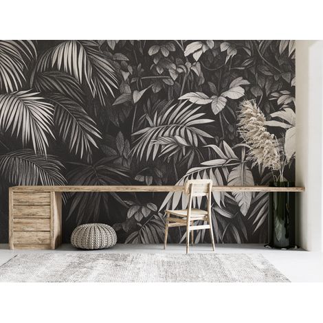 Papier peint nature - feuillage tropical en noir et blanc - 150 x 250 cm (1/2)