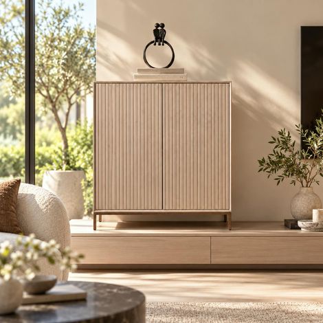 Petit buffet droit 2 portes en bois beige rainuré CORTINA (1/3)