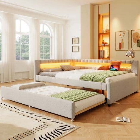 Cama adulto de 140x200 cm con cama adicional de 90x190 cm, iluminación LED con mando, puertos USB y Type-C, sin colchón, beige (1/5)