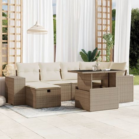 Set sofás de jardín 7 piezas y cojines ratán sintético beige vidaXL (1/5)