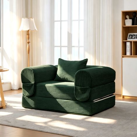 Canapé convertible 1 place en velours côtelé – Canapé-lit pliant multifonction – Gain de place – Transformation facile pour salon, chambre – Vert (1/5)