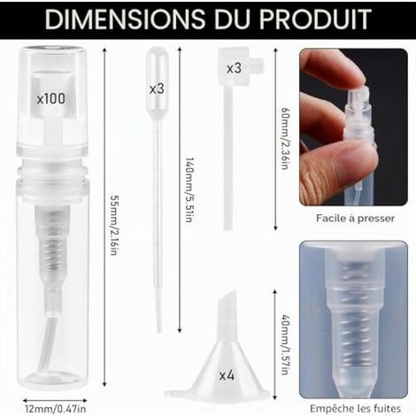 Lot de 110 vaporisateurs de parfum, 2 ml, mini flacons pulvérisateurs rechargeables, petits flacons pulvérisateurs à remplir, avec entonnoir, pipettes, tête de pressage (1/3)