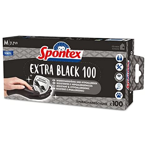 SPONTEX EXTRA BLACK LOT DE 100 GANTS JETABLES EN VINYLE, NON POUDRÉS ET SANS LATEX, POLYVALENTS, DANS UNE BOÎTE DISTRIBUTRICE PR