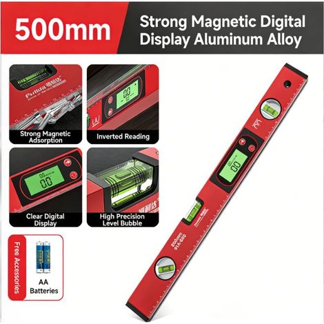 Niveau magnétique numérique de 50 cm avec 3 tubes à bulle haute visibilité, botier en aluminium, têtes de mesure robustes pour le nivellement, la verticalité et l'angle de 45°, précision +/- 0,5 mm. (1/5)