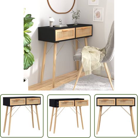 The Living Store Konsolentisch Schwarz 80x30x75cm Massivholz Kiefer Natur-Rattan - Konsolentisch - Wohnzimmermöbel - Skandinavisches Design - Holzmöbel - Sideboard (1/5)