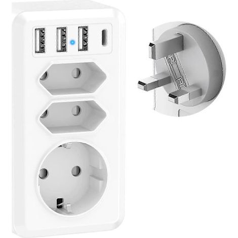 Adaptateur de voyage 7 en 1 avec 3 ports USB et 1 port USB-C - Adaptateur de prise Dubaï, Malaisie et Irlande (Type G) (1/5)