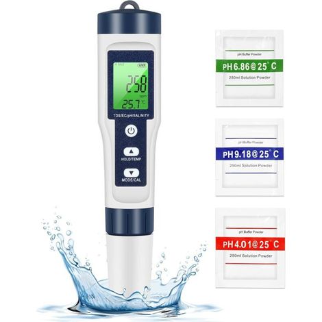 PH TDS Meter, testeur de qualité de l'eau 5 en 1 PH/TDS/EC/SEL/température TDS mètre LCD rétroéclairage vert pour piscine/aquarium/étang (1/5)