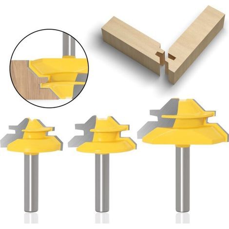 3 pcs Fraise à Rainurer à 45 Degrés (Tige de 8mm) - Outil de Routeur à Verrouillage Mitre (1/4)