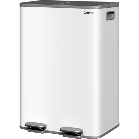 Poubelle de cuisine tri sélectif 60 L (2 x 30 L), acier inoxydable, 2 compartiments, pédale, couvercles à fermeture douce, seaux amovibles, filtre anti-odeurs, gris-blanc (1/5)