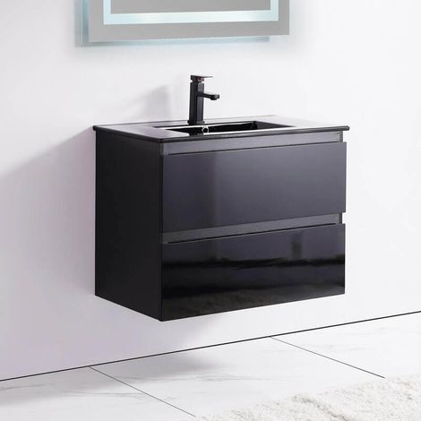 Meuble de salle de bain 2 Tiroirs - Noir - Vasque - 80x46 cm - Dark