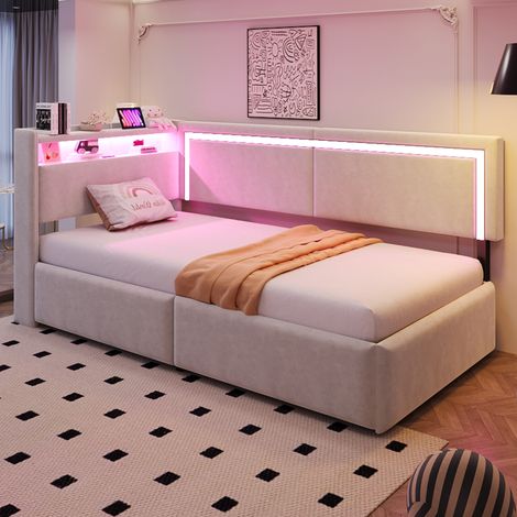 Lit banquette enfant 90x200 cm, lit coffre avec ports USB, tête de lit rangement, LED, sommier à lattes, velours beige (1/5)