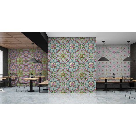 Papier peint panoramique multicolore mandala | Tapisserie panoramique graphique mosaïque idéale chambre adulte | Papier peint panoramique salon - 270 x 400 cm (4 pièces) (1/5)