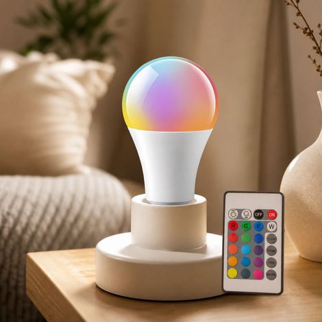 Lampadina LED RGB da 15W con attacco E27, telecomando, regolazione del colore e della luminosità, anti-sfarfallio, attacco standard per illuminazione ambientale. (1/4)
