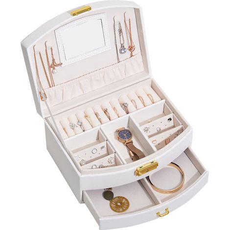 (Green) Women's Leather Jewelry Box, Two-Tier Jewelry Storage Case for Storing Rings, Earrings, Necklaces