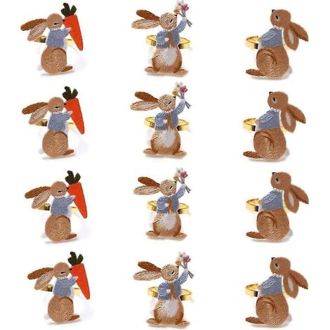 Set aus 12 Osterserviettenringen, gesticktes Hasenmotiv, aus Metall. (1/5)
