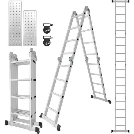 SWANEW Teleskopleiter Alu Leichtgewicht Rutschfester 4x4 Ebene+Rad+Brett Multifunktionsleiter Mehrzweckleiter Ausziehbare Leiter 15 Stufe Stehleiter aus Hochwertigem Aluminium Belastbarkeit 150KG (1/5)