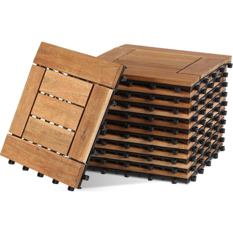Randaco 11 Stück Holzfliesen Mosaik-Latten 1 qm, 30x30cm Terrassenfliesen Klickfliesen Balkonfliesen mit Drainagensystem, Wetterfest aus Akazienholz