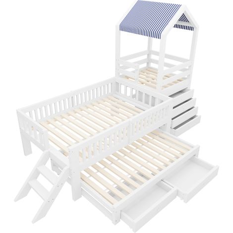 Lit cabane enfant 90x200 avec lit gigogne 90x190 et tiroirs, blanc (1/5)