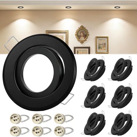 Spot Encastrable GU10 Set, Lot de 6 Cadre Spot Plafond en Noir Rond Avec Douille Céramique GU10 pour Spot LED, AC 230V Ø68mm, Orientable 30° Cadre de Montage pour Spots de Plafond