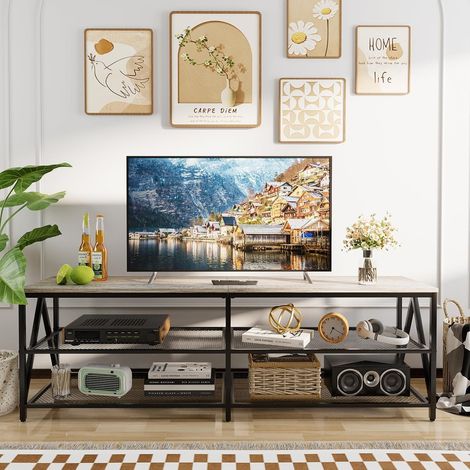 Meuble TV bas - 160 cm de long - Étagère TV pour téléviseurs jusqu'à 70" - Table TV avec 4 compartiments ouverts - Pour salon, chambre à coucher, salle à manger - Gris (1/5)