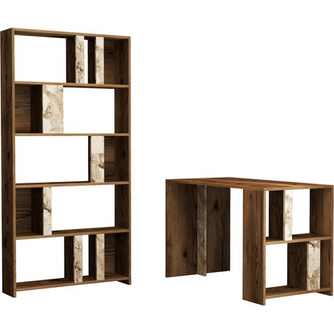 Ensemble bureau et bibliothèque bois noyer et blanc effet marbre Kima (1/5)