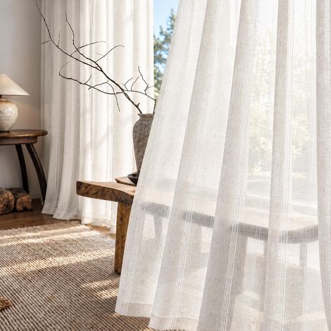 Rideau Voilage Voile Beige Lin Salon Transparent à Oeillet 140x220cm (1/5)