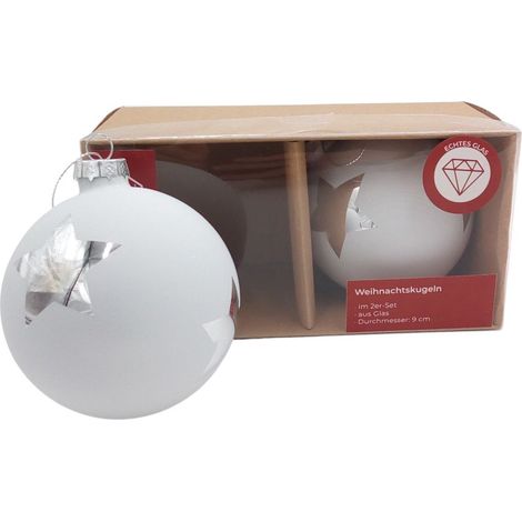 Glas-Weihnachtsbaumkugeln 2er-Set Christbaumkugeln Weihnachtsschmuck Deko 9cm  - weiß / Stern