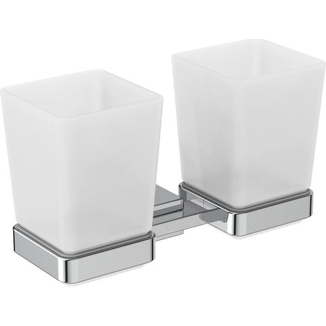 Double-Gobelet Verre à dent Porte Brosse à dent Duo pour Salle de Bain Carré Fixation Mur Finition Blanc et Chrome E2205AA (1/5)