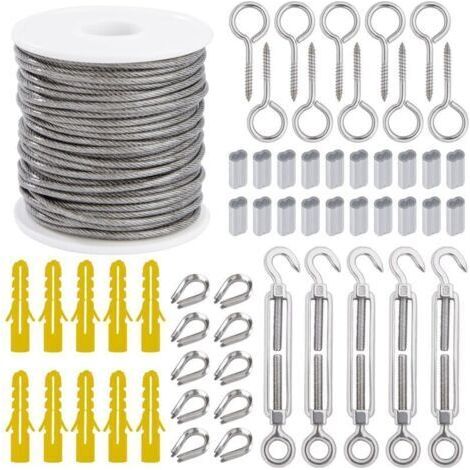 Câble Métallique Suspendre Kit 2mm Corde en Acier Inoxydable 30m avec Tendeur Vis à œillet Manchons en Aluminium Cosse Coeur 56 Pièces (1/4)