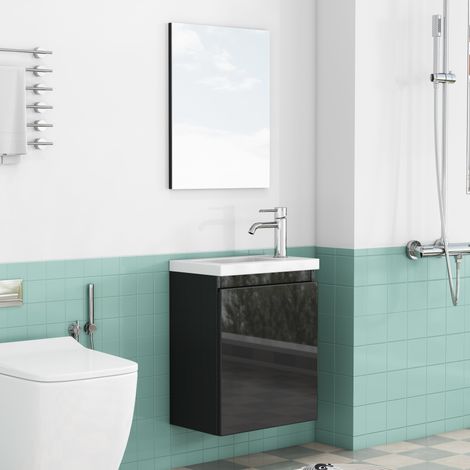 Mueble de baño con lavabo y espejo, 40 cm, negro brillante, MDF, montaje mural DESVIAE (1/5)