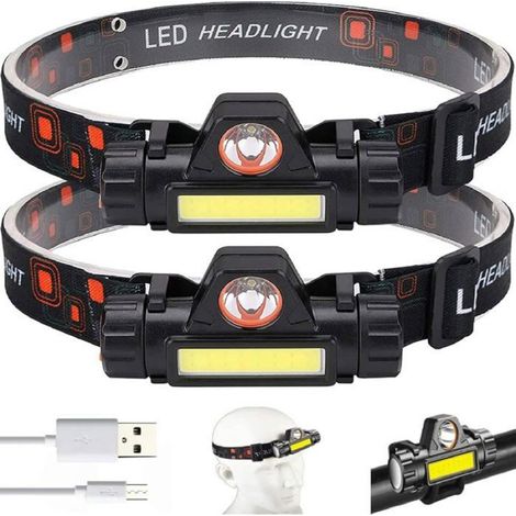 Lampe Frontale - Rechargeable USB - Étanchéité IPX4 - Pour Course Camping Pêche - Lot de 2 (1/3)