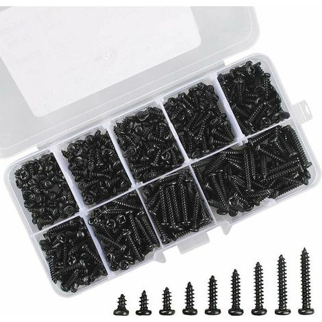 Vis Autotaraudeuse Noir M3, 450 Packs Vis Autotaraudeuse à Tête Ronde en Acier Inoxydable pour Métal en Bois Souple(9 Spécifications, Avec un Boîte Plastique) (1/5)