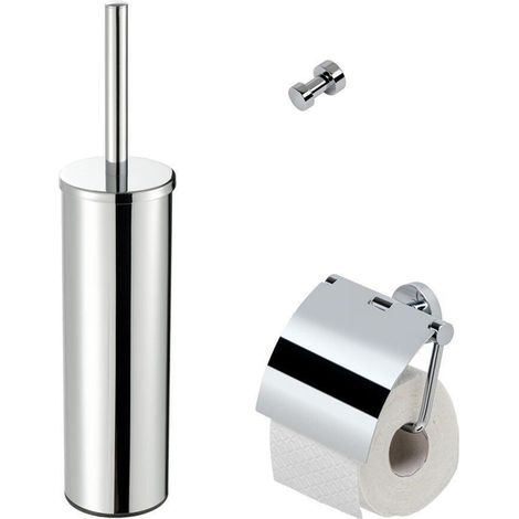 Geesa Nemox Set d'accessoires WC - Brosse de toilette avec support - Porte-rouleau de toilette avec couvercle - Crochet à serviette - Chrome