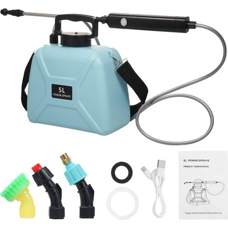 Pulverizador eléctrico para jardín, recargable por USB, 3 boquillas atomizadoras, capacidad de 5 litros, con correa para el hombro. (1/5)