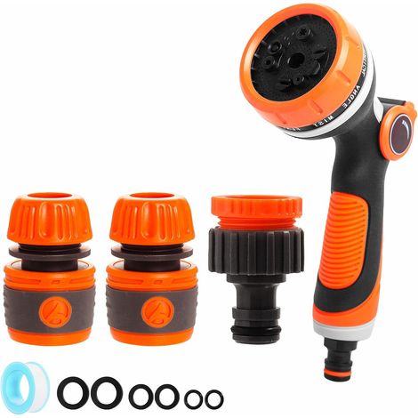 Pistolet d'arrosage multi-motifs réglables avec connecteurs de tuyau de robinet et raccords, pistolet d'arrosage haute pression pour arroser les plantes, pelouses, nettoyage de voiture, bain d'animaux (1/5)