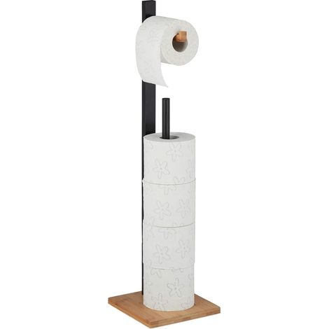 Portarrollos de papel higiénico independiente, de bambú, con espacio para rollos de repuesto, capacidad para 5 rollos, 71x19x19 cm, negro/natural. (1/5)