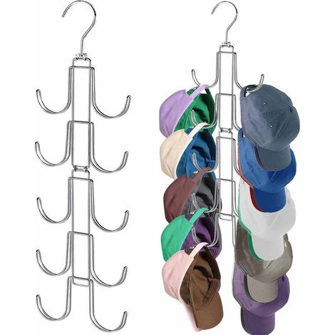 Appendiabiti pieghevole, organizer per cappelli da armadio, con 10 ganci girevoli, può contenere fino a 40 cappellini da baseball, colore argento, soluzione per riporre ed esporre i cappelli nell'arma (1/5)