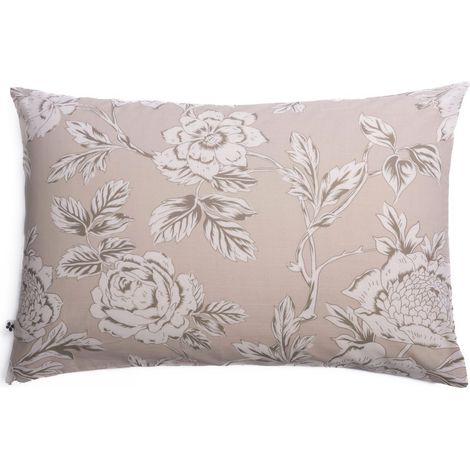 Taie d'oreiller 50x70cm coton imprimé recto floral verso rayé beige - COTTAGE