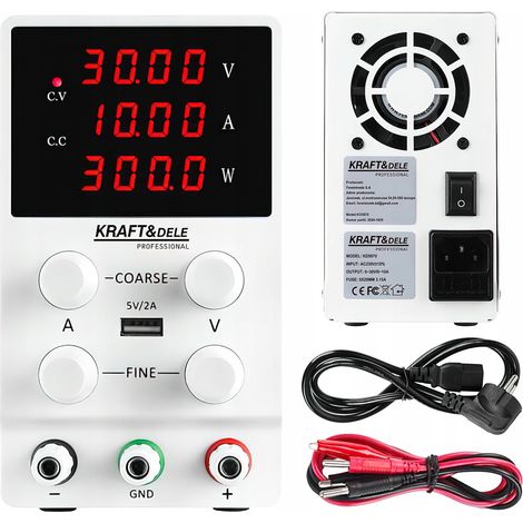 Fuente de alimentación de laboratorio ajustable 30V/10A con LED, USB y cables de cocodrilo Kraft&Dele (1/5)