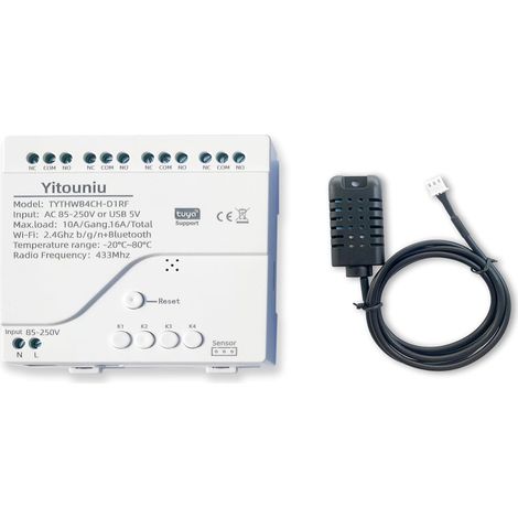 Capteur de température et d'humidité Wi-Fi à 4 canaux, 85-250 V, avec télécommande par application, commande vocale, fonction Scène, sortie de contact sèche et compatible (1/5)