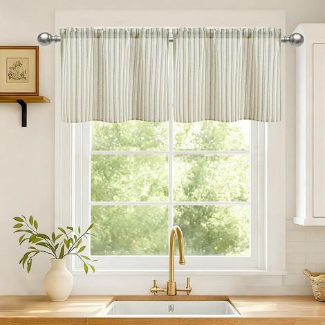 Lot de 2 rideaux brise-bise verts à rayures en aspect lin pour cuisine - Rideaux modernes semi-transparents de style maison de campagne pour bistro, caravane, rideau de placard - H45xL60cm (1/5)