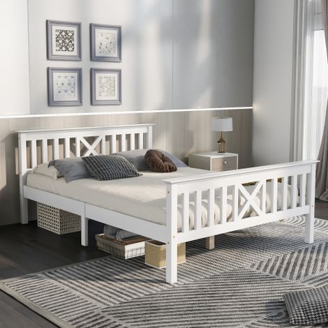 Cama adulto 140x200 cm cama doble, cama de madera con somier y cabecero, para niños y adolescentes, madera de pino, color blanco, sin colchón (1/5)