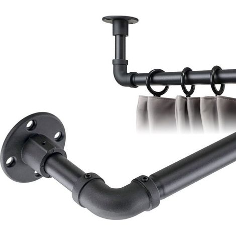 Tringle à rideaux industrielle extensible 121-213 cm - Réglable - Noir mat - En acier inoxydable - Montage au plafond - Pour chambre (1/4)
