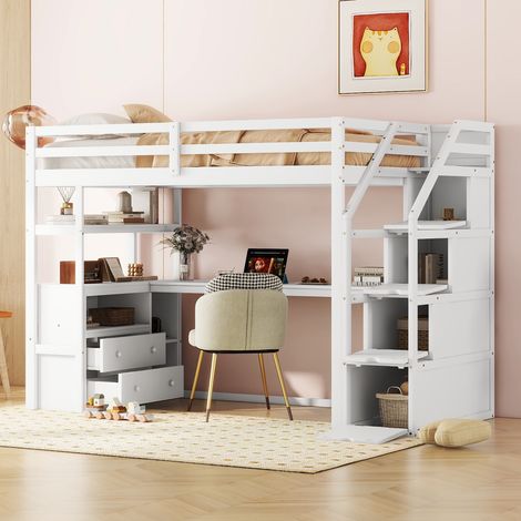 Letto soppalco 90x200 cm con scrivania, scala contenitore, 2 cassetti, rete a doghe in legno, letto per bambini con contenitore - Bianco
