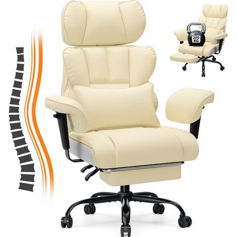 Ergonomisch Massage Gaming- und Bürostuhl Leder mit Fußstütze, verstellbarer Kopf- & Armlehne, 200 kg belastbar, Beige
