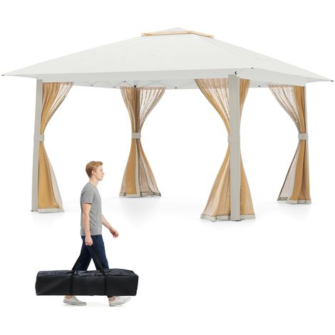 Tonnelle de Jardin Pop-Up 4 x 4 M, Tente de Reception Pliable avec Moustiquaire et Toit Double Sac de Transport, Abri Solaire Facile à Installer,Beige (1/5)