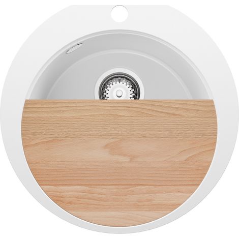 PRIMAGRAN Evier cuisine Granit Rond 50x50cm, Evier 1 bac + Kit de Vidage + Planche à Découper, Lavabo Cuisine au meuble 45cm - Pise, Blanc (1/5)