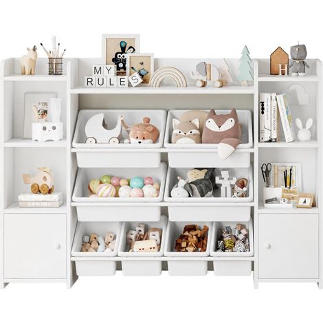 Grande Organizer GINGER HOME per Bambini, Libreria Bianca con 8 Contenitori e 2 Armadietti, 141,5×100×30 cm (1/5)