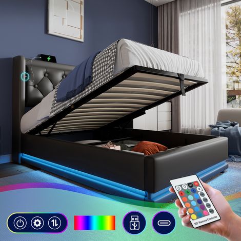 Letto singolo imbottito 90200 cm, in similpelle nera, con meccanismo idraulico di contenimento, testiera imbottita con funzione di ricarica USB Type-C e illuminazione a LED su 3 lati (materasso non in